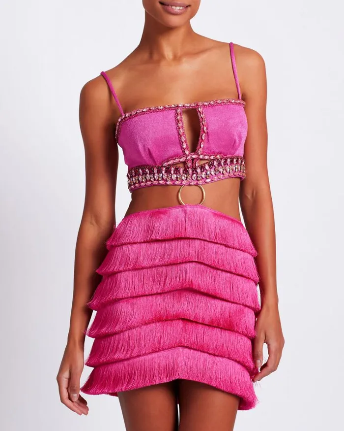 Women Dresses and Jumpsuits PatBO HandBeaded Fringe Mini Dress FINAL SALE Pop Pink