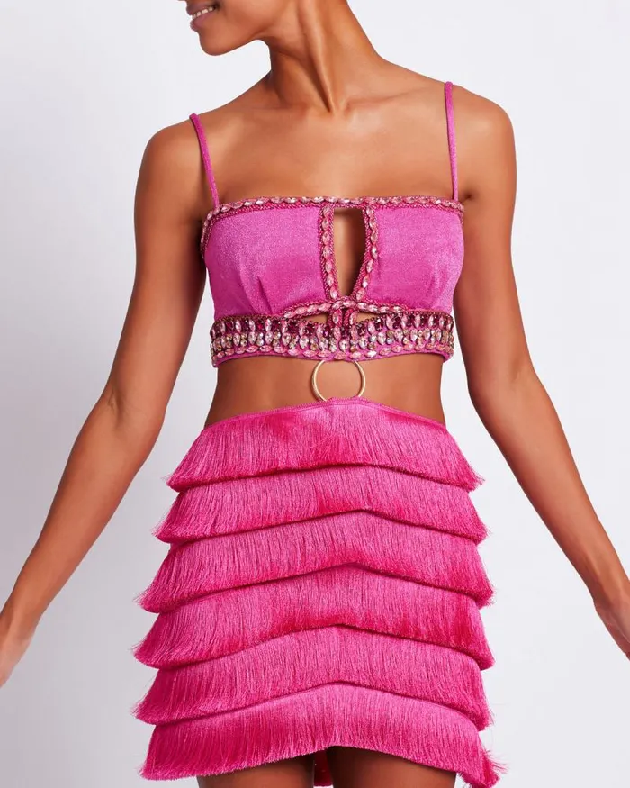 Women Dresses and Jumpsuits PatBO HandBeaded Fringe Mini Dress FINAL SALE Pop Pink
