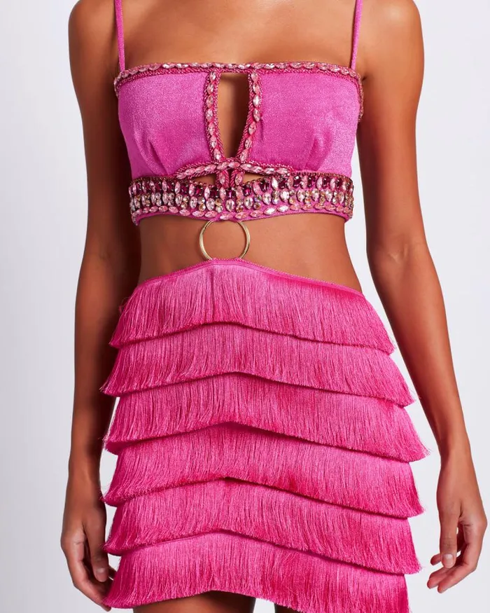 Women Dresses and Jumpsuits PatBO HandBeaded Fringe Mini Dress FINAL SALE Pop Pink