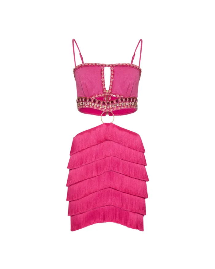 Women Dresses and Jumpsuits PatBO HandBeaded Fringe Mini Dress FINAL SALE Pop Pink