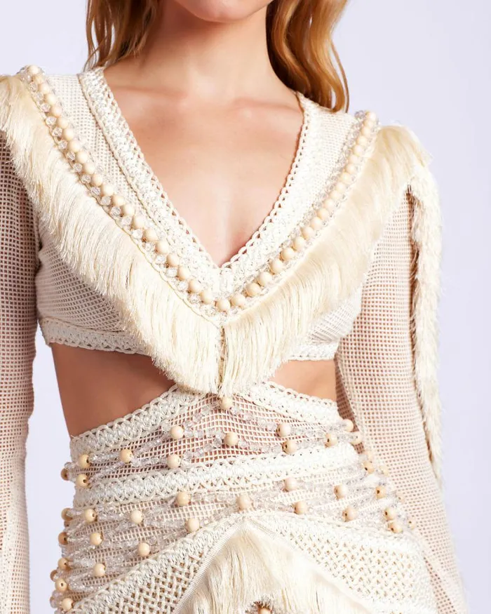 Women Dresses and Jumpsuits PatBO HandBeaded Fringe Mini Dress RUNWAY Wheat