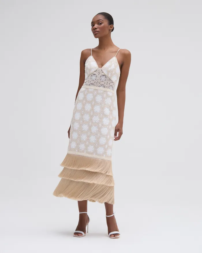 Women Dresses and Jumpsuits PatBO NATURAL CROCHET PLUNGE MIDI DRESS Off White