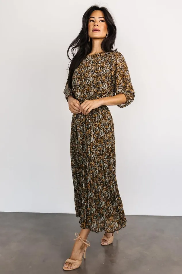 Women Eileen Pleated Dress Midnight Garden Print Baltic Born Midi Dresses