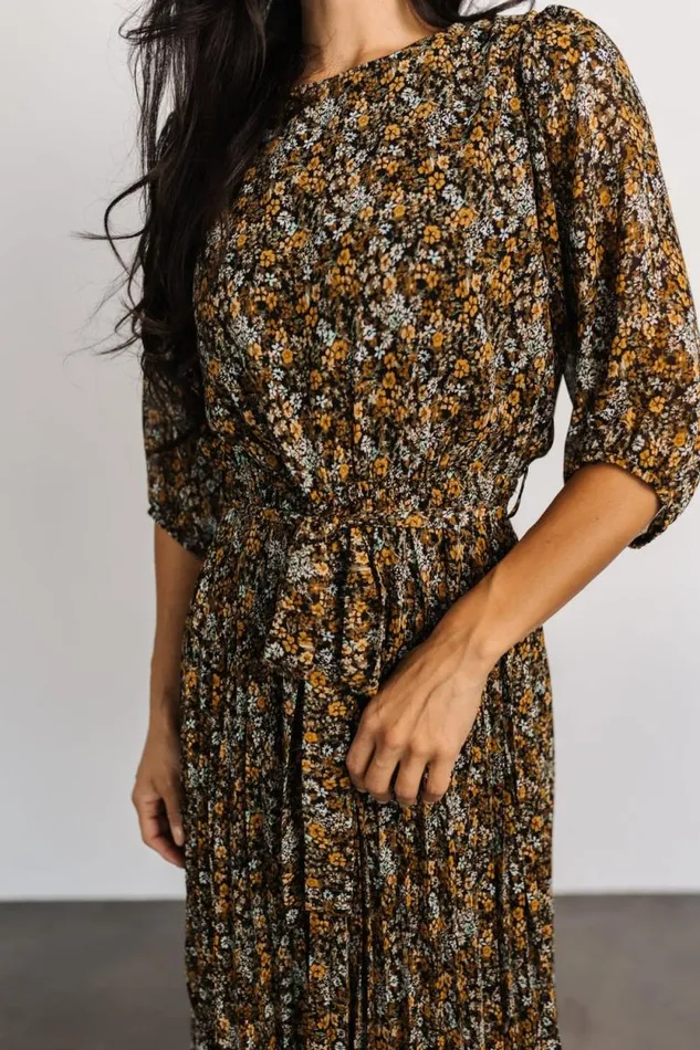 Women Eileen Pleated Dress Midnight Garden Print Baltic Born Midi Dresses Women Eileen Pleated Dress Midnight Garden Print Baltic Born Midi Dresses