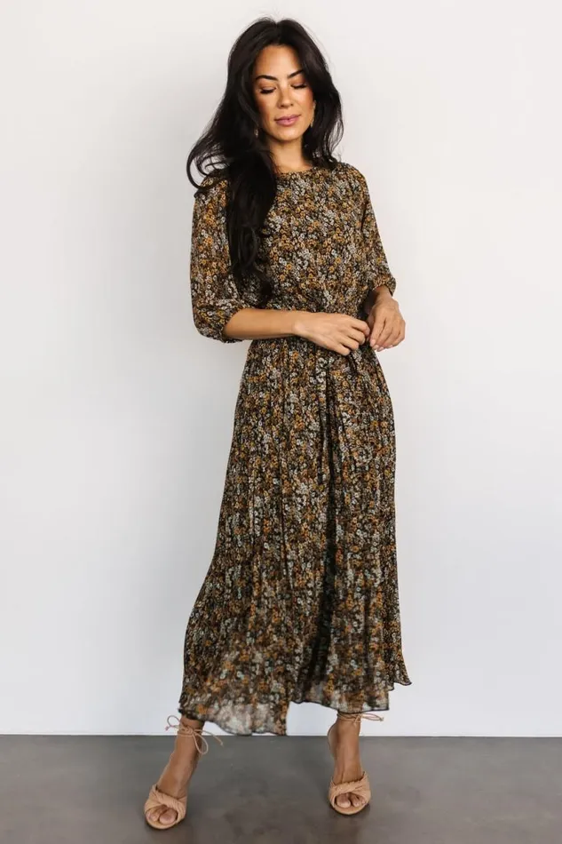 Women Eileen Pleated Dress Midnight Garden Print Baltic Born Midi Dresses Women Eileen Pleated Dress Midnight Garden Print Baltic Born Midi Dresses