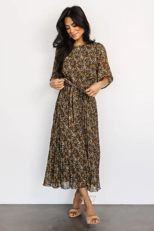 Women Eileen Pleated Dress Midnight Garden Print Baltic Born Midi Dresses Women Eileen Pleated Dress Midnight Garden Print Baltic Born Midi Dresses