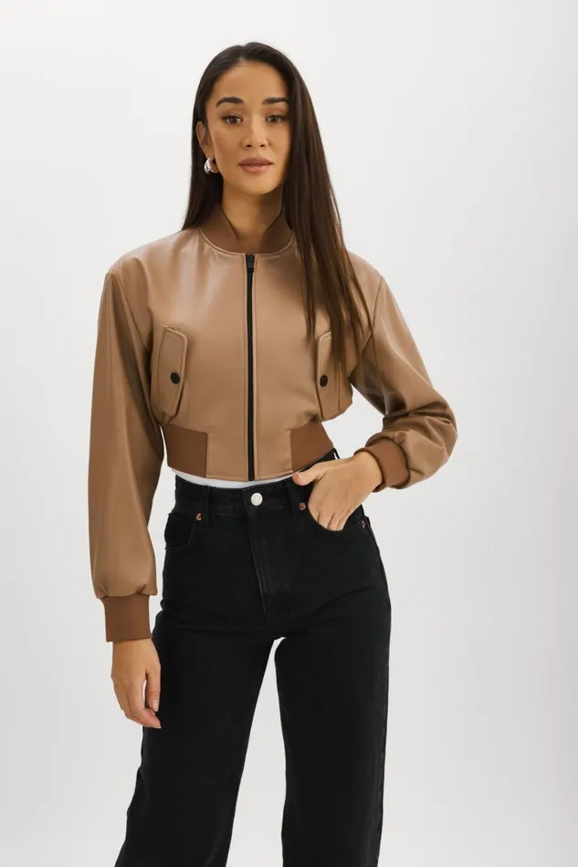 Women EVELIN Faux Leather Cropped Bomber Mocha LAMARQUE Leather Jackets Women EVELIN Faux Leather Cropped Bomber Mocha LAMARQUE Leather Jackets