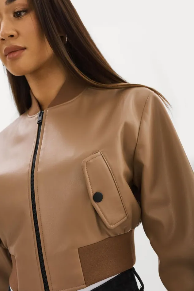 Women EVELIN Faux Leather Cropped Bomber Mocha LAMARQUE Leather Jackets Women EVELIN Faux Leather Cropped Bomber Mocha LAMARQUE Leather Jackets