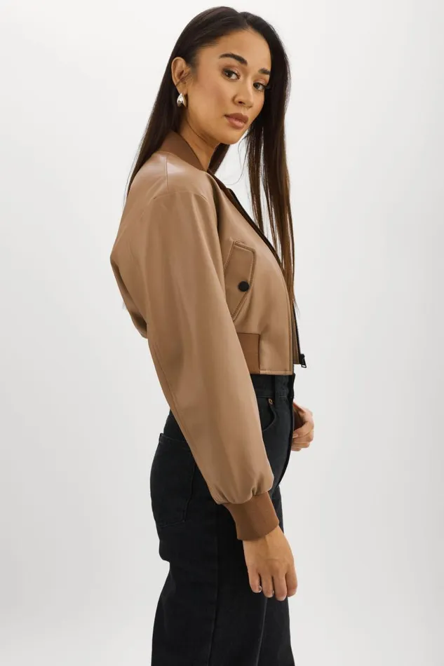 Women EVELIN Faux Leather Cropped Bomber Mocha LAMARQUE Leather Jackets Women EVELIN Faux Leather Cropped Bomber Mocha LAMARQUE Leather Jackets
