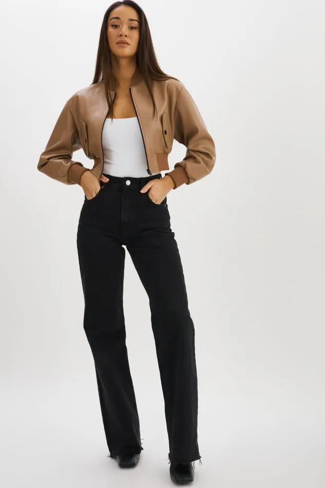 Women EVELIN Faux Leather Cropped Bomber Mocha LAMARQUE Leather Jackets Women EVELIN Faux Leather Cropped Bomber Mocha LAMARQUE Leather Jackets
