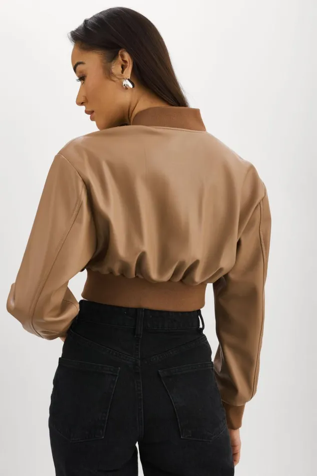 Women EVELIN Faux Leather Cropped Bomber Mocha LAMARQUE Leather Jackets Women EVELIN Faux Leather Cropped Bomber Mocha LAMARQUE Leather Jackets