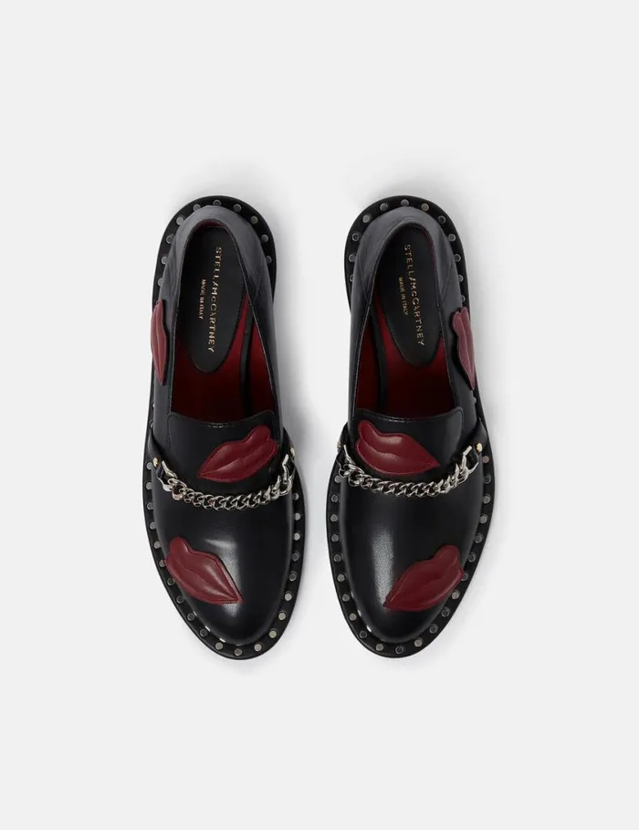 Women Falabella Lip Appliqu Loafers Pitch Black Stella McCartney Flats Women Falabella Lip Appliqu Loafers Pitch Black Stella McCartney Flats
