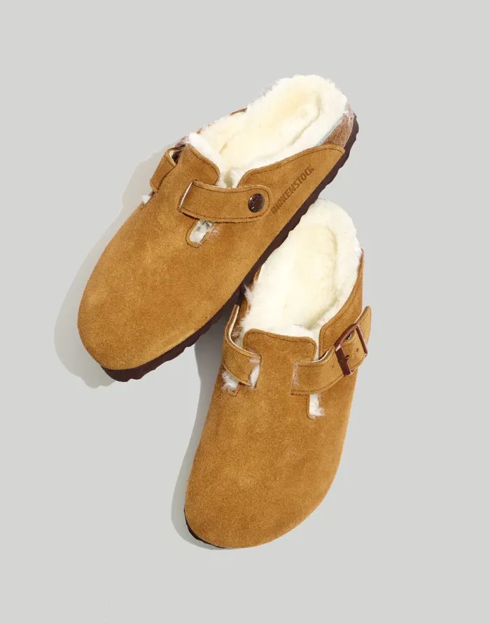 Women Flats and Loafers Madewell Birkenstock Suede Boston Clogs In Shearling Suede Shearling