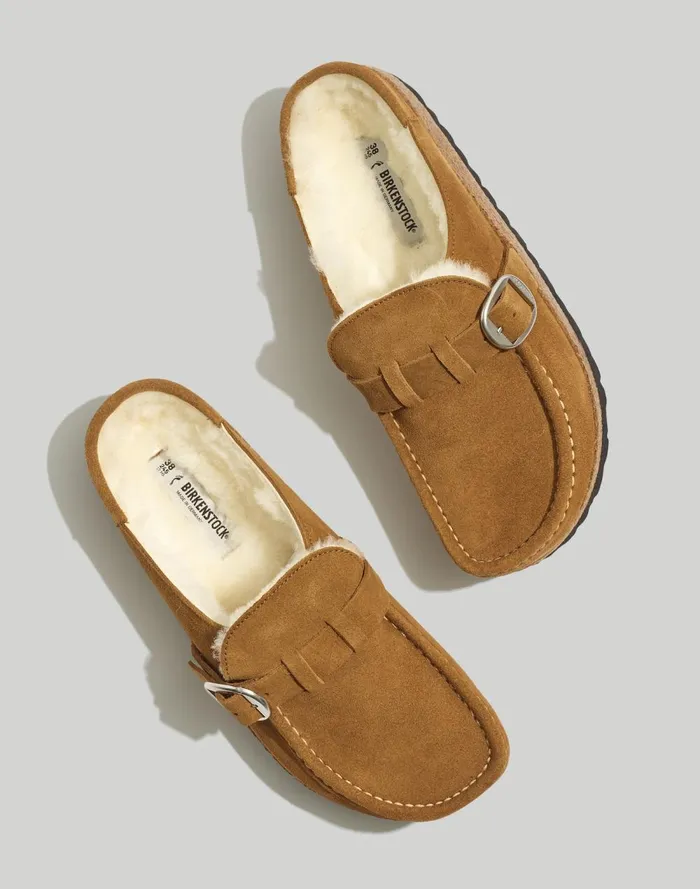 Women Flats and Loafers Madewell Birkenstock Suede Buckley Clogs In Shearling Teanatural