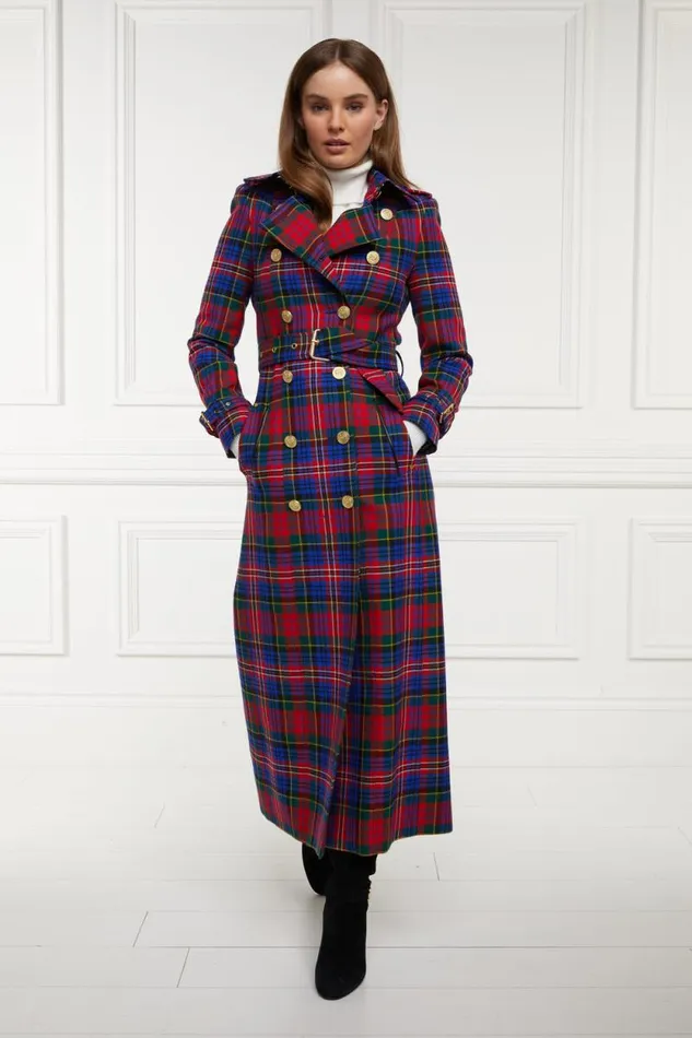 Women Full Length Marlborough Trench Coat Macpherson Tartan Holland Cooper Tailoring