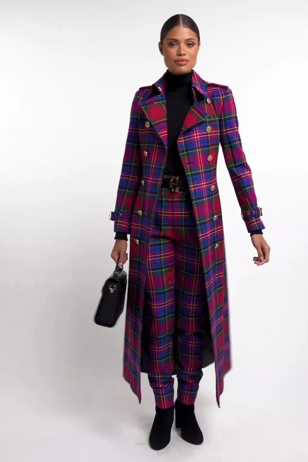 Women Full Length Marlborough Trench Coat Macpherson Tartan Holland Cooper Tailoring