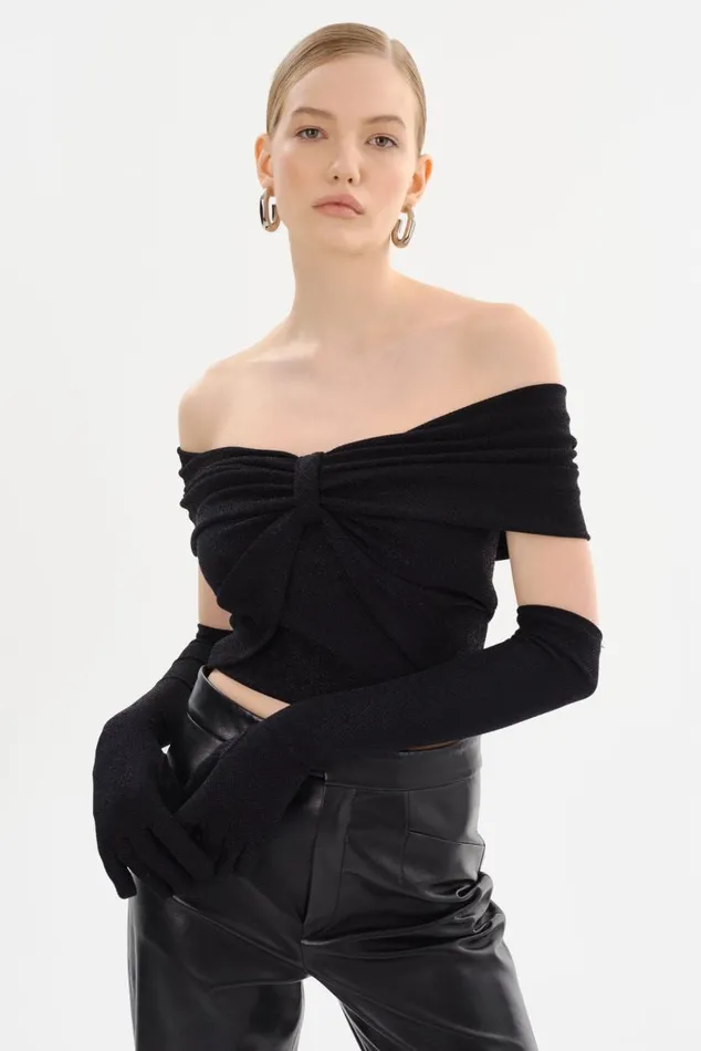 Women HELENA Lurex Knit Evening Gloves Black LAMARQUE Other