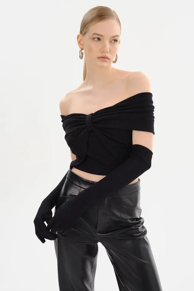 Women HELENA Lurex Knit Evening Gloves Black LAMARQUE Other