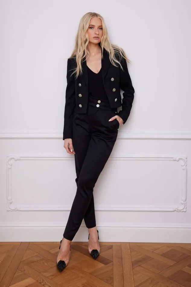 Women High Waisted Peg Trouser Black Barathea Silver Holland Cooper Tailoring