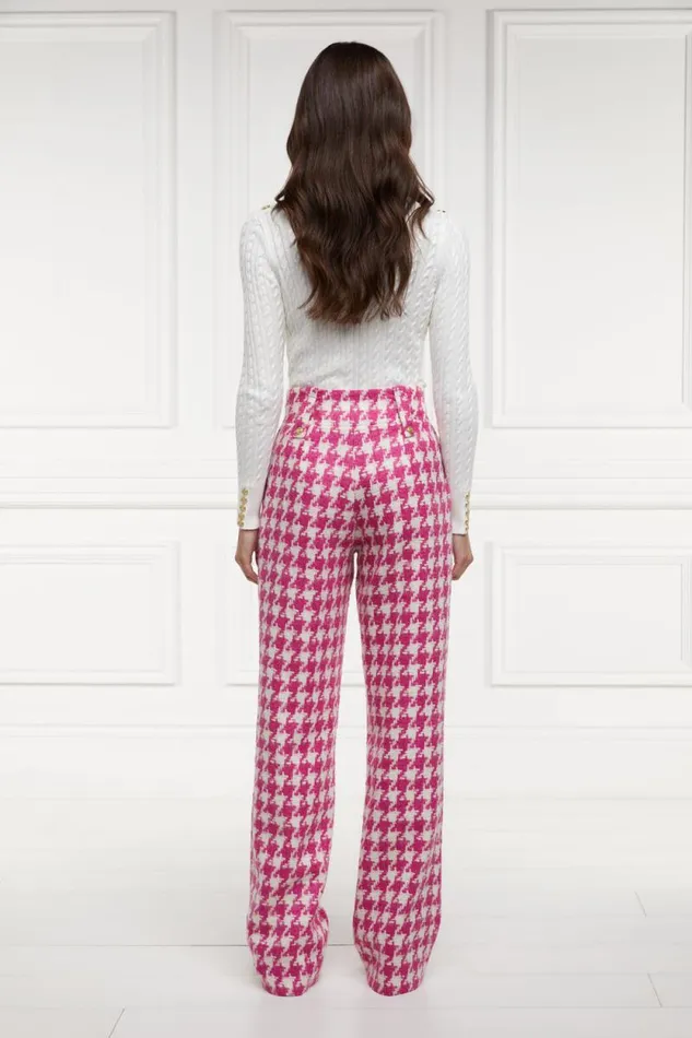Women High Waisted Straight Trouser Hot Pink Large Scale Houndstooth Holland Cooper Tailoring Women High Waisted Straight Trouser Hot Pink Large Scale Houndstooth Holland Cooper Tailoring