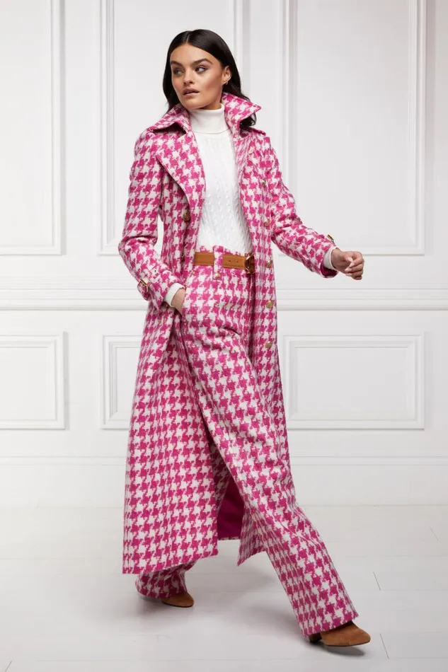 Women High Waisted Straight Trouser Hot Pink Large Scale Houndstooth Holland Cooper Tailoring Women High Waisted Straight Trouser Hot Pink Large Scale Houndstooth Holland Cooper Tailoring