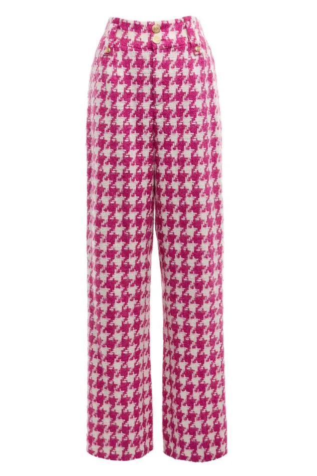 Women High Waisted Straight Trouser Hot Pink Large Scale Houndstooth Holland Cooper Tailoring Women High Waisted Straight Trouser Hot Pink Large Scale Houndstooth Holland Cooper Tailoring