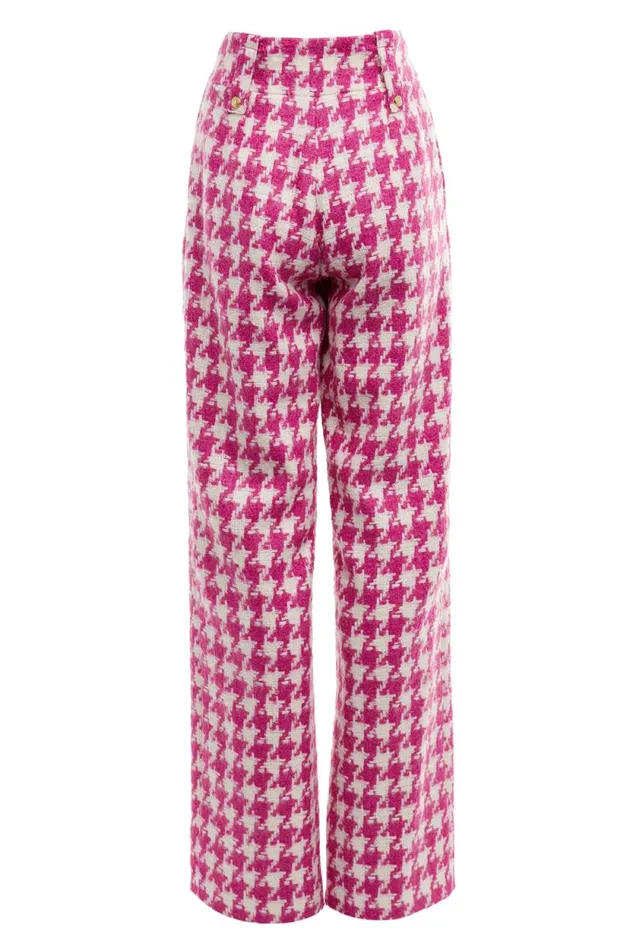 Women High Waisted Straight Trouser Hot Pink Large Scale Houndstooth Holland Cooper Tailoring Women High Waisted Straight Trouser Hot Pink Large Scale Houndstooth Holland Cooper Tailoring