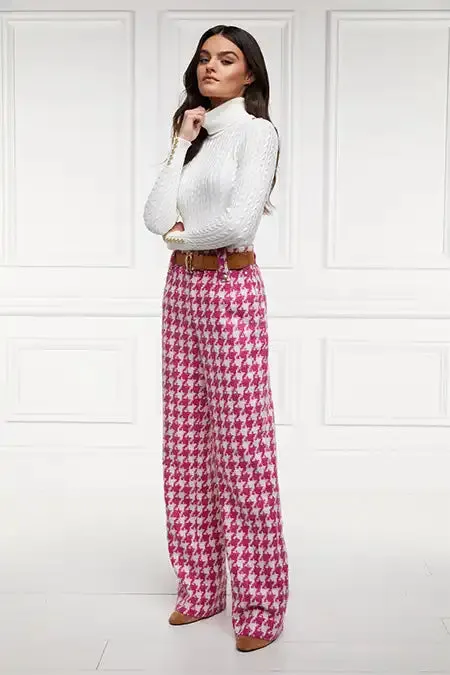 Women High Waisted Straight Trouser Hot Pink Large Scale Houndstooth Holland Cooper Tailoring Women High Waisted Straight Trouser Hot Pink Large Scale Houndstooth Holland Cooper Tailoring