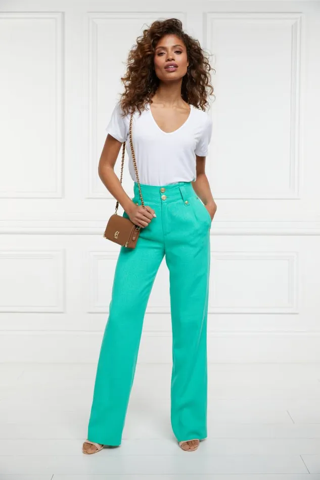 Women High Waisted Straight Trouser Jade Linen Holland Cooper Tailoring