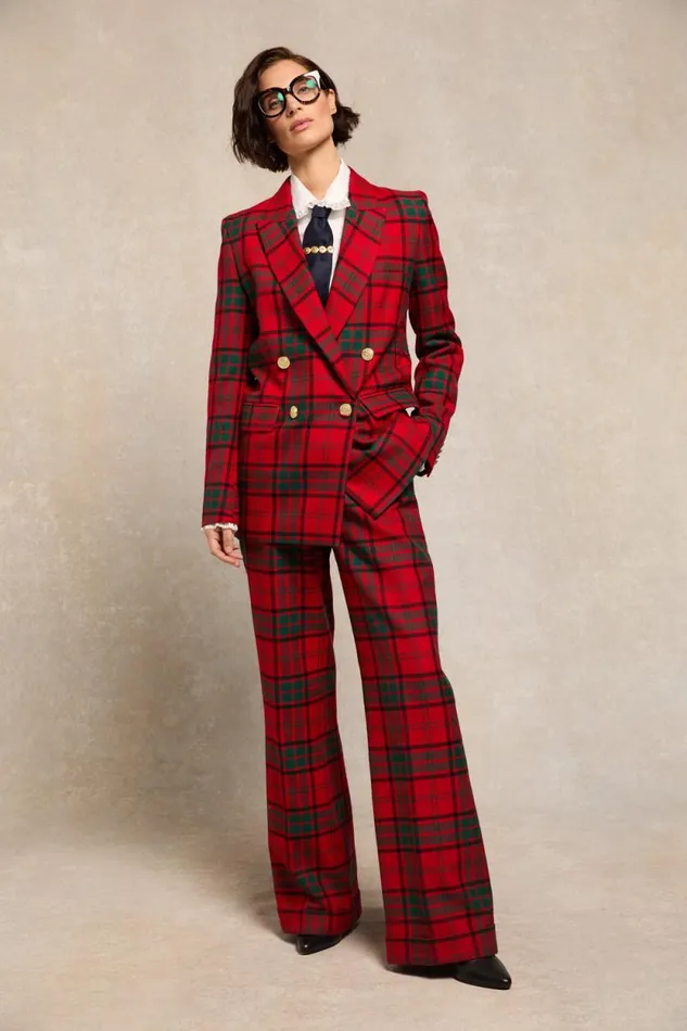 Women High Waisted Wide Leg Trouser 8211 Turn Up Red Tartan Holland Cooper Trousers
