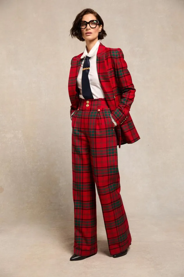 Women High Waisted Wide Leg Trouser 8211 Turn Up Red Tartan Holland Cooper Trousers