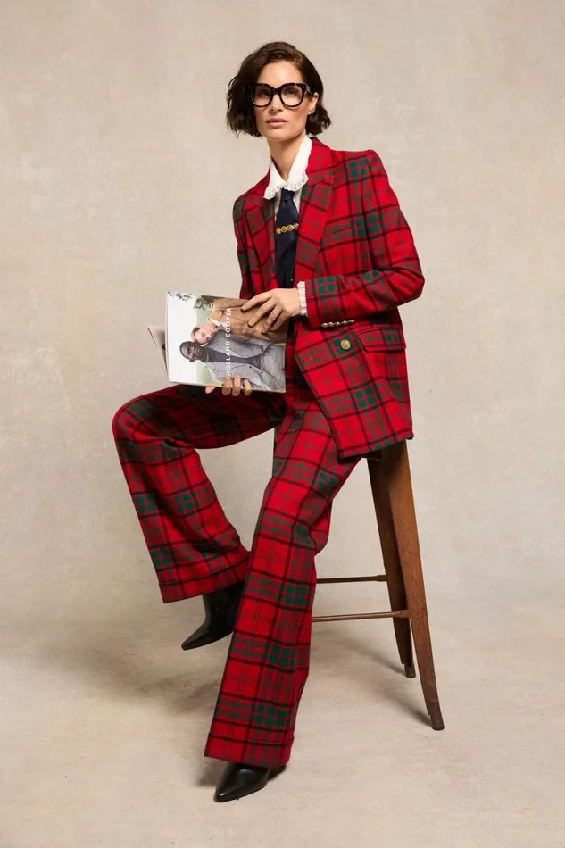 Women High Waisted Wide Leg Trouser 8211 Turn Up Red Tartan Holland Cooper Trousers