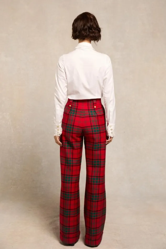 Women High Waisted Wide Leg Trouser 8211 Turn Up Red Tartan Holland Cooper Trousers