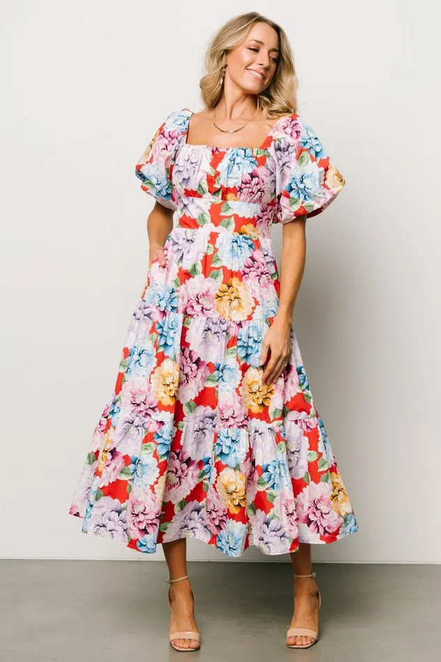 Women Iva Puff Sleeve Midi Dress Red Multi Floral Baltic Born Midi Dresses
