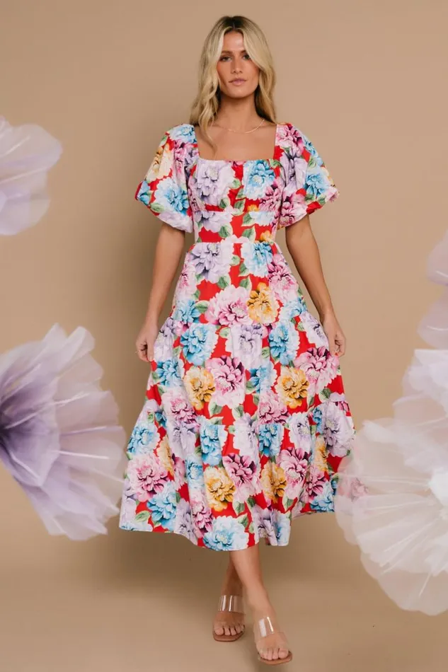 Women Iva Puff Sleeve Midi Dress Red Multi Floral Baltic Born Midi Dresses