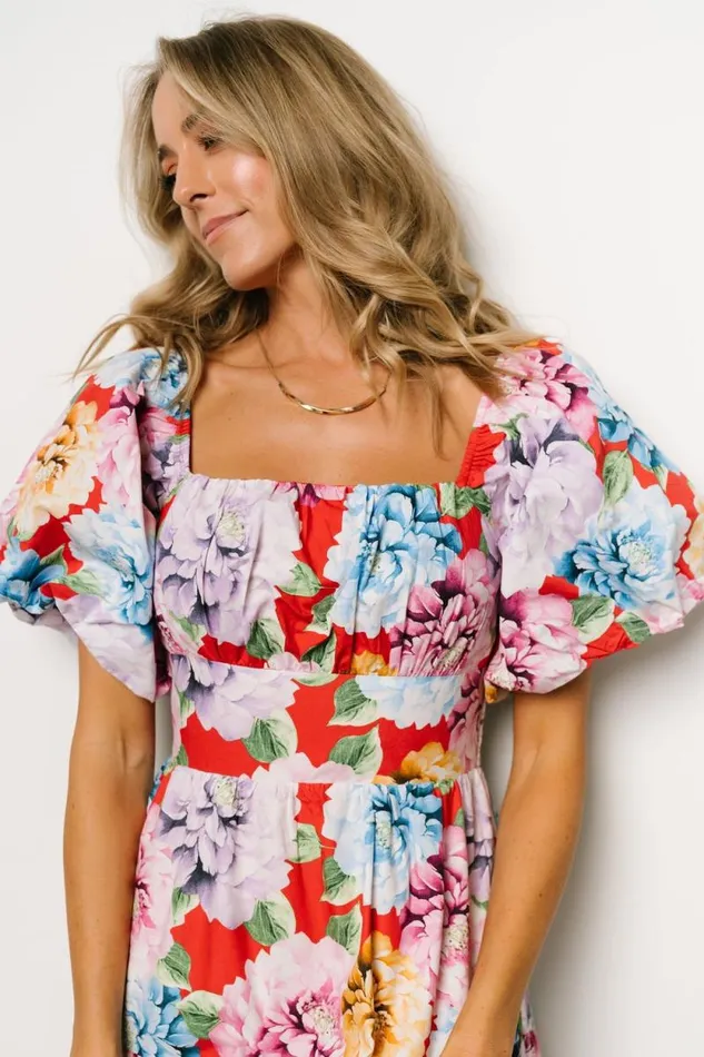 Women Iva Puff Sleeve Midi Dress Red Multi Floral Baltic Born Midi Dresses