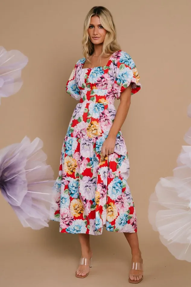 Women Iva Puff Sleeve Midi Dress Red Multi Floral Baltic Born Midi Dresses