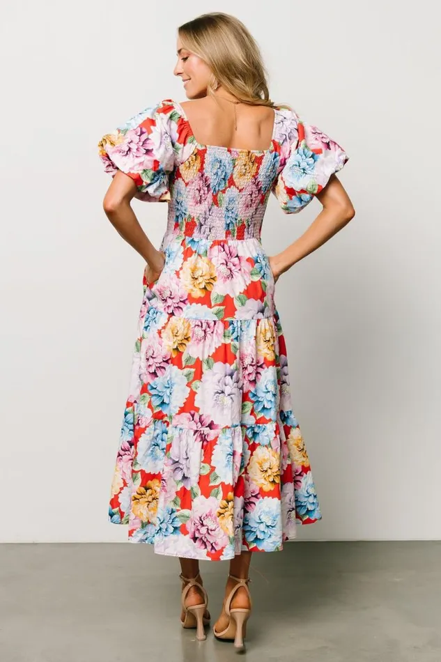 Women Iva Puff Sleeve Midi Dress Red Multi Floral Baltic Born Midi Dresses