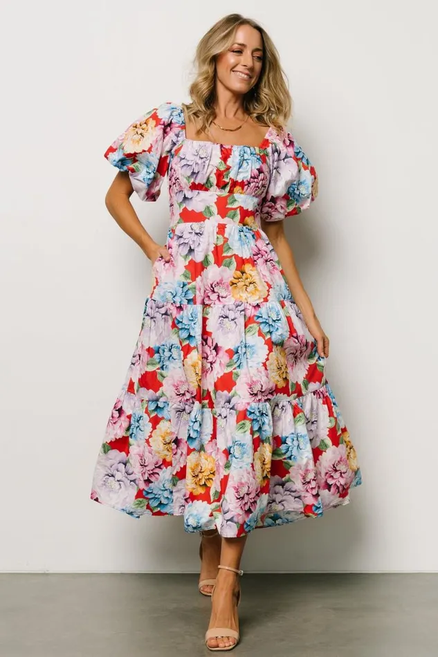 Women Iva Puff Sleeve Midi Dress Red Multi Floral Baltic Born Midi Dresses