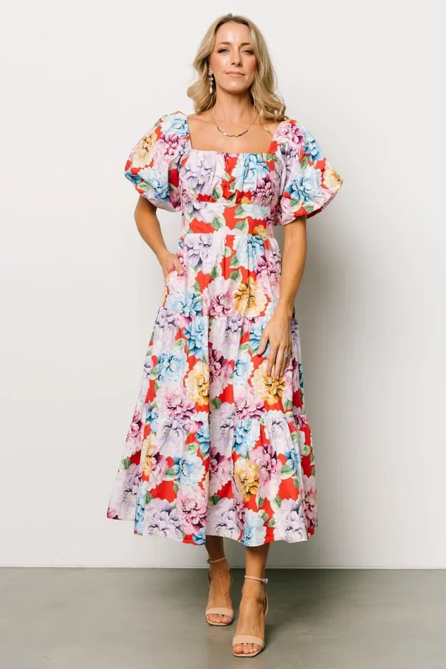 Women Iva Puff Sleeve Midi Dress Red Multi Floral Baltic Born Midi Dresses