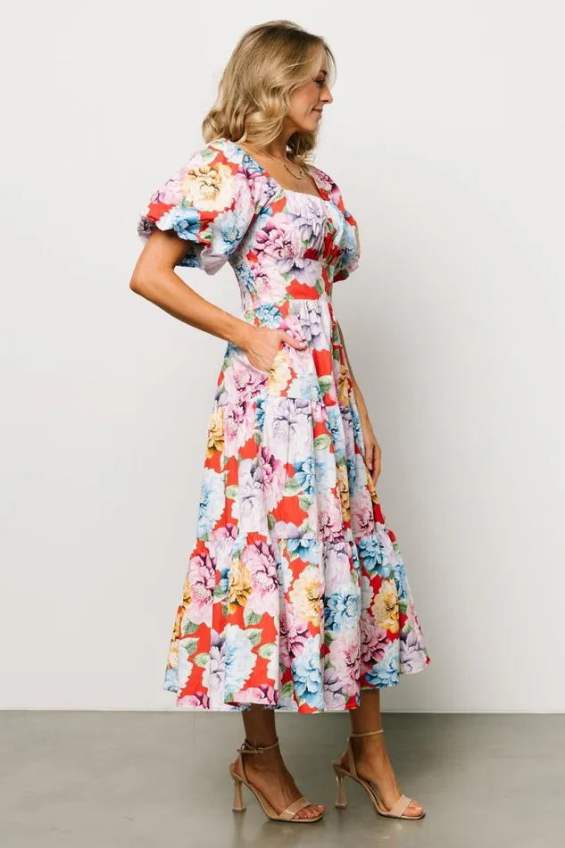 Women Iva Puff Sleeve Midi Dress Red Multi Floral Baltic Born Midi Dresses