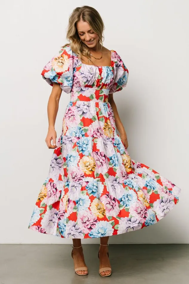 Women Iva Puff Sleeve Midi Dress Red Multi Floral Baltic Born Midi Dresses