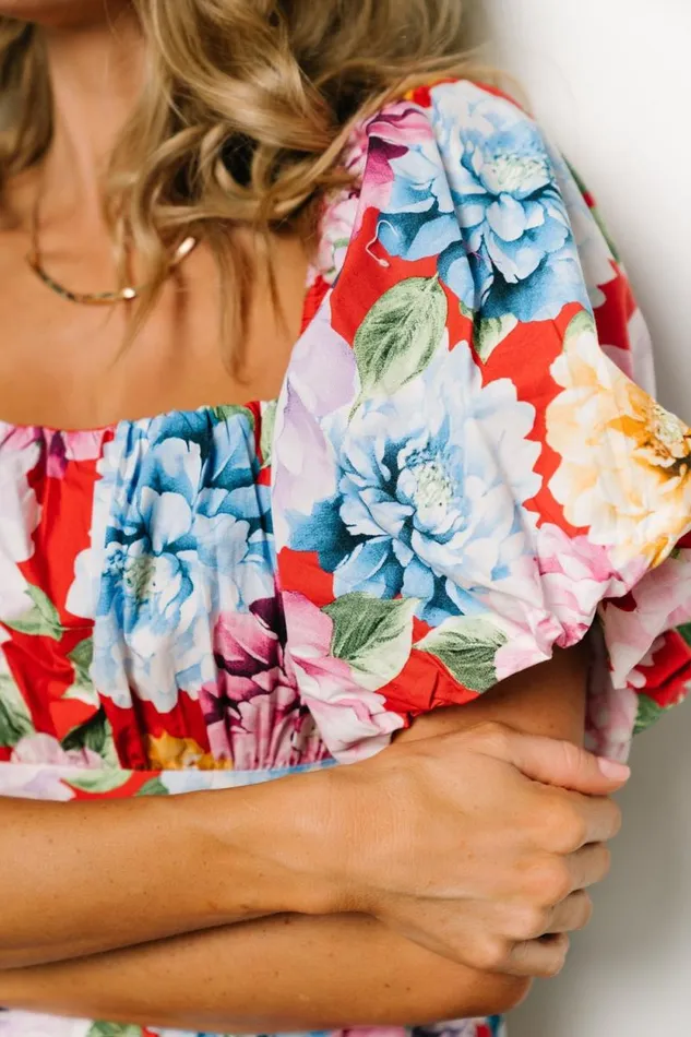 Women Iva Puff Sleeve Midi Dress Red Multi Floral Baltic Born Midi Dresses