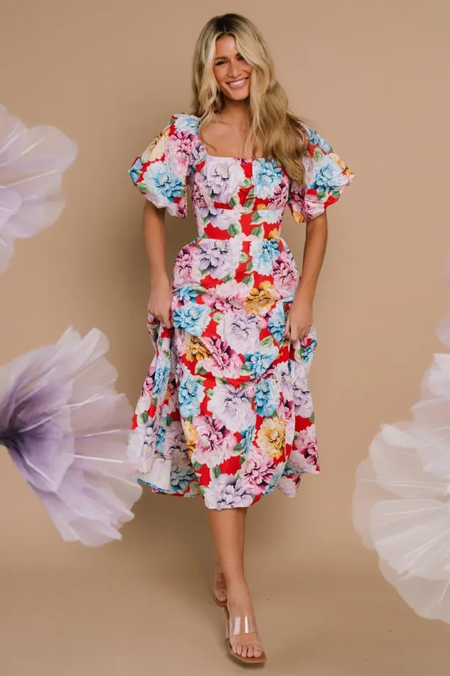 Women Iva Puff Sleeve Midi Dress Red Multi Floral Baltic Born Midi Dresses