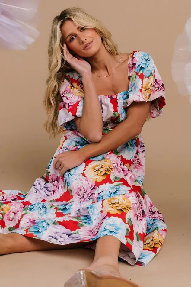 Women Iva Puff Sleeve Midi Dress Red Multi Floral Baltic Born Midi Dresses