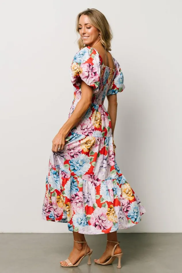 Women Iva Puff Sleeve Midi Dress Red Multi Floral Baltic Born Midi Dresses
