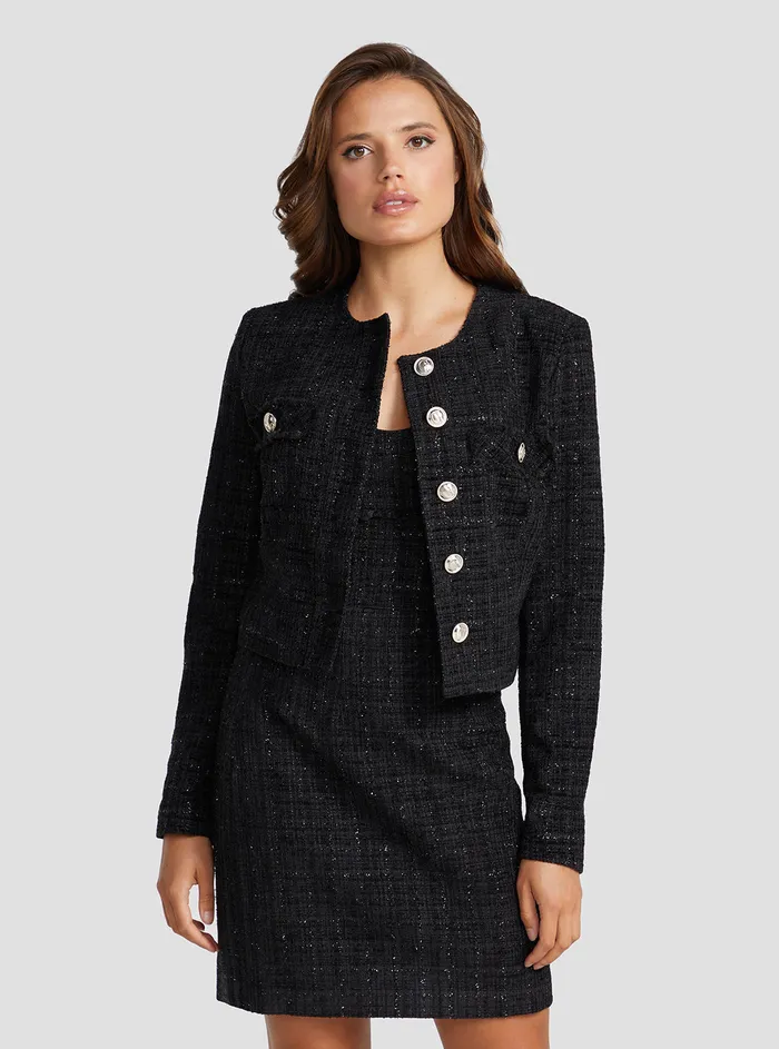 Women Jackets and Coats GUESS Black Alara Shimmer Tweed Jacket