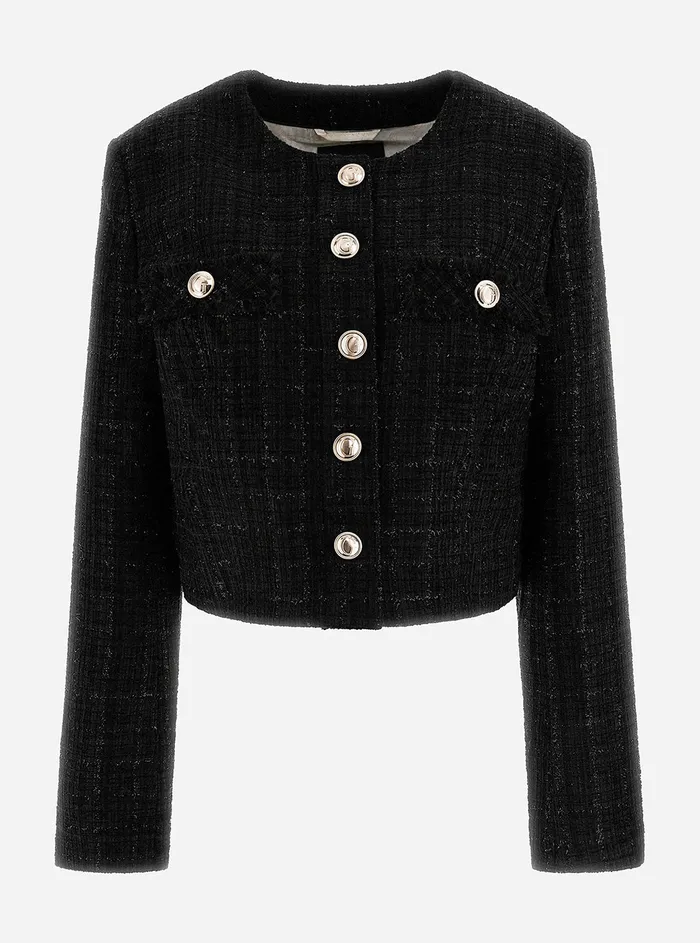 Women Jackets and Coats GUESS Black Alara Shimmer Tweed Jacket Women Jackets and Coats GUESS Black Alara Shimmer Tweed Jacket