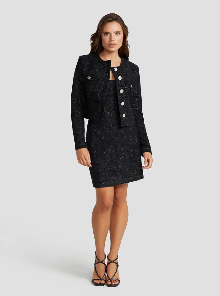 Women Jackets and Coats GUESS Black Alara Shimmer Tweed Jacket Women Jackets and Coats GUESS Black Alara Shimmer Tweed Jacket