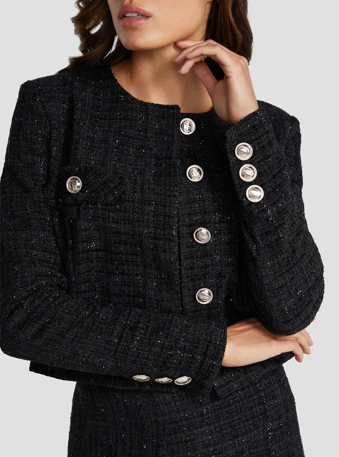 Women Jackets and Coats GUESS Black Alara Shimmer Tweed Jacket Women Jackets and Coats GUESS Black Alara Shimmer Tweed Jacket